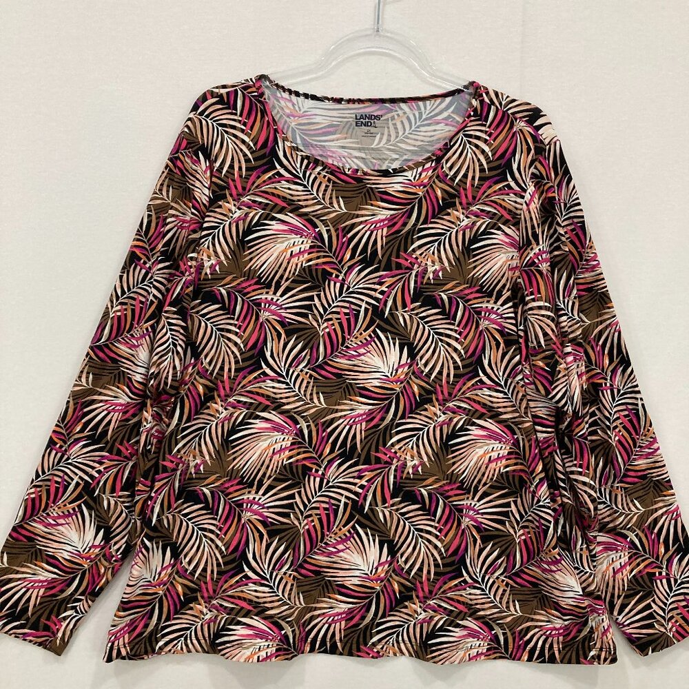Lands'‎ End Top size 2X Multi Leaf Print Nylon Stretch Sun Protection Active